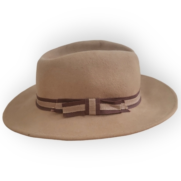 Vintage Two Rivers Camel 100% Virgin Wool Two-Tone Crossgrain Ribbon Band Fedora - Picture 1 of 5